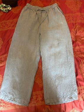 Light Blue Linen-Cotton Cropped Wide-Leg Pants